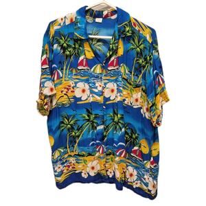 Brightly Colored Hawaiian Shirt Sailboats Palm Trees Flowers Men Large